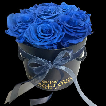 Rosas azules preservadas en caja de lujo de Doral Roses Miami, en elegante caja para regalo.