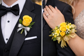 Conjunto de botonería y brazalete con flores amarillas, diseñado por Florist en Doral, FL, para envío en Miami y Doral.