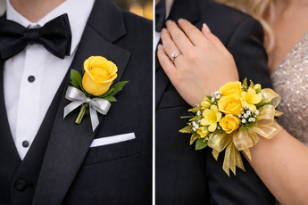 Conjunto de botonería y brazalete con flores amarillas, diseñado por Florist en Doral, FL, para envío en Miami y Doral.