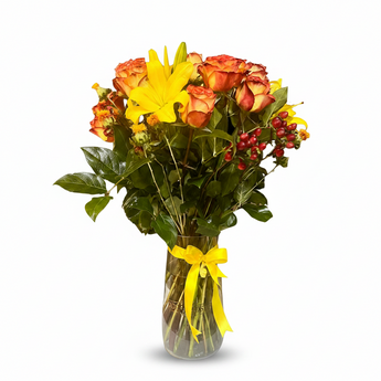 Ramo de 25 rosas y lirios en jarrón, flores de Doral Roses Miami, regalo para el Día de la Madre, entrega el mismo día.