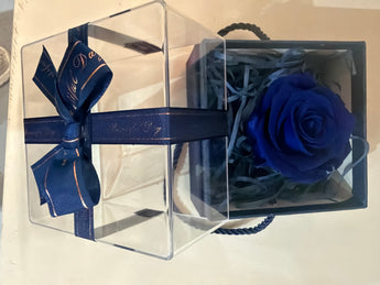 Rosa azul preservada en caja premium de Doral Roses Miami, flores especiales y modernas para regalo elegante.