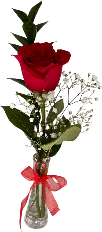 Rosa roja en jarrón de vidrio, arreglo floral romántico de Doral Roses Miami para regalo con entrega inmediata en Miami.