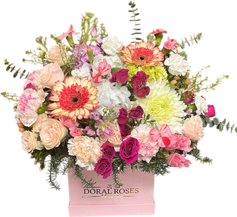 Caja floral rosa de Doral Roses Miami con flores en tonos rosados, arreglo premium para entrega en Miami hoy