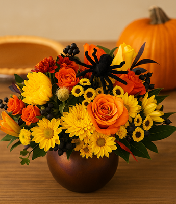 Centro de mesa de Acción de Gracias con flores naturales, decorativo de Doral Roses Miami, ideal para celebración de Thanksgiving.