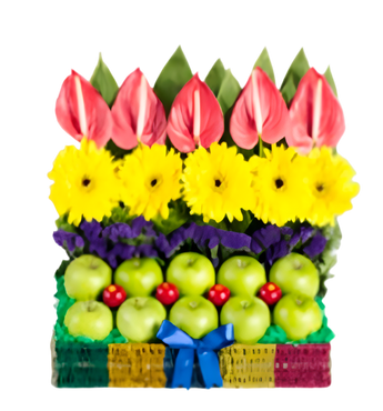 Frutero gourmet con flores frescas de Doral Roses Miami, decorativo y colorido, ideal para regal or decorar en Doral y Miami.