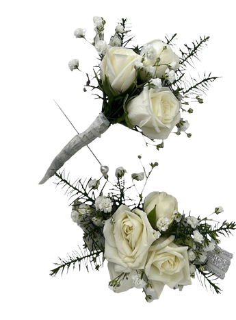 Ramo de boutonnier y pulsera de flores de Doral Roses Miami, con flores elegantes y detalles decorativos para eventos.