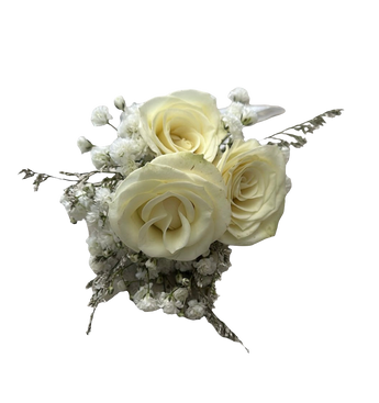Ramo de flores mini blancas Prom de la marca Doral Roses Miami, con flores pequeñas y elegantes en un arreglo floral.