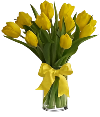 Tulips amarillos de Doral Roses Miami en un jarrón, flores frescas y vibrantes en un arreglo floral.