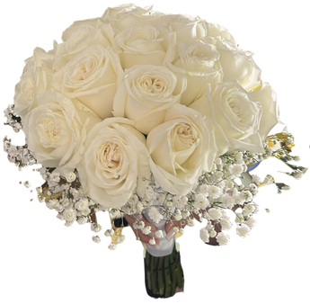 Ramo de flores blancas Nupcial Elegancia de Doral Roses Miami, con rosas y follaje para boda elegante.