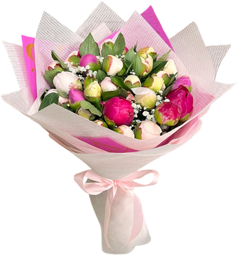 Ramo de flores de peonías de Doral Roses Miami con flores rosadas y verdes en un hermoso arreglo natural