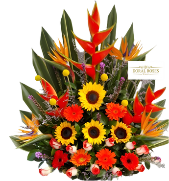Arreglo floral "Llega la Felicidad" de Doral Roses Miami con flores frescas y coloridas en un hermoso diseño.