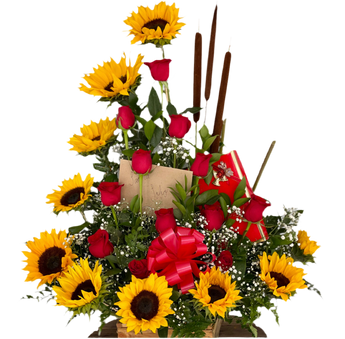 Rosas rojas y girasoles Miami en ramo mixto con chocolates. Combinación perfecta amor y alegría. Entrega hoy Doral. Florería especializada.