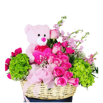 Canasta de flores Princesa Rhodonite de Doral Roses Miami con flores exHuberantes en tonos rosados y verdes