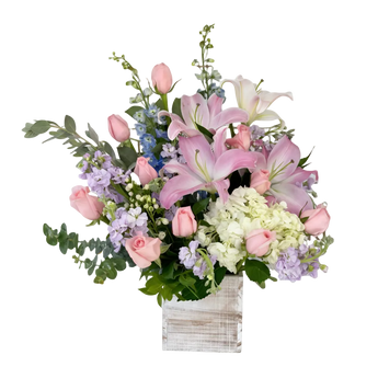 Caja de flores Pretty Flowers Box de Doral Roses Miami con flores coloridas y elegantes en un diseño atractivo.