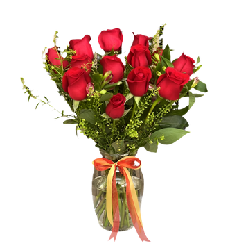 Rosas rojas en jarrón de Doral Roses Miami, arreglo floral cálido con 12 rosas, ideal para entrega el mismo día en Miami.