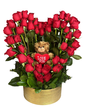 Arreglo Rosas Rojas Forma Corazón Osito Miami - Regalo Romántico Entrega Doral