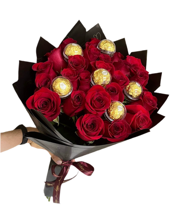 Ramo de 25 rosas rojas con chocolates de Florist en Doral, FL, listo para entrega en el mismo día.