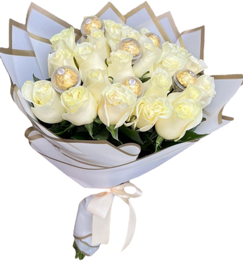 Rosas rojas con chocolates de Florist en Doral, Florida, con 25 rosas y chocolates, entrega el mismo día en Miami y Doral.