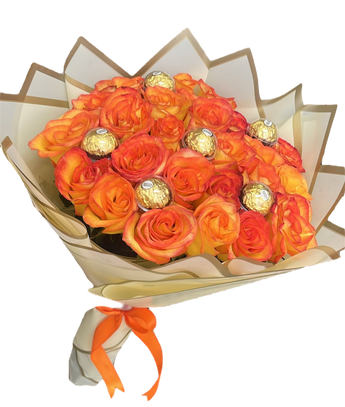 Ramillete de 25 rosas rojas con chocolates, entregadas en Doral, FL por floristería con servicio de entrega en el mismo día.