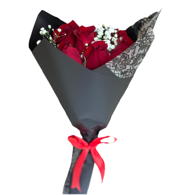 Bouquet romántico de 6 rosas rojas tallo largo en Miami. Detalle perfecto para primeras citas y sorpresas íntimas. Entrega el mismo día en Doral.