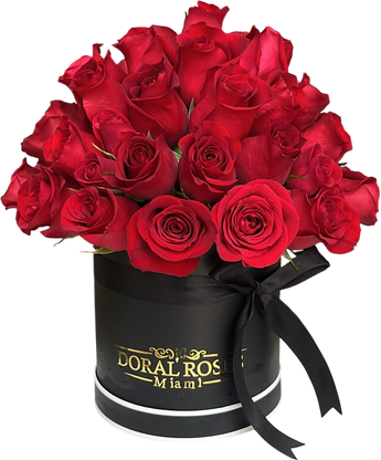 Caja de 50 rosas rojas de Doral Roses Miami, florista, ideal para regalos románticos y entrega en Miami.