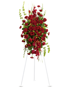 Arreglo funerario con rosas rojas de Doral Roses Miami, flores de condolencias y cuidado para homenajear en Doral.
