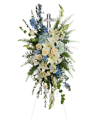 Arreglo funerario Gracias Eternas en Doral Miami. Ramo flores blancas y azules pacíficas. Gratitud por vida bien vivida. Entrega mismo día. ☎ 305-593-8196