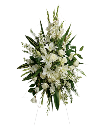 Arreglo funerario en pedestal con flores blancas y rosas, símbolo de condolencias, de Doral Roses Miami para velatorio.