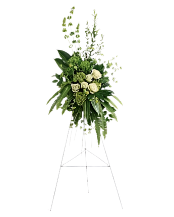 Arreglo funerario Rectitud de Doral Roses Miami con flores blancas y verdes, símbolo de honor, integridad y condolencias.