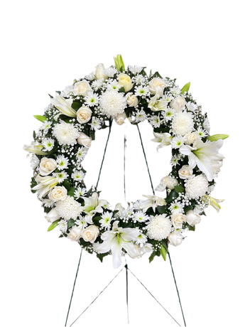 Arreglo funerario Sentimientos de Serenidad de flores Doral Roses Miami, con flores blancas y verdes para condolencias y paz.