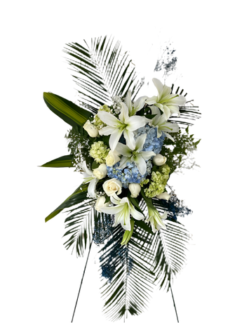 Arreglo funerario Serenidad Blanca de Doral Roses Miami con flores blancas para condolencias, calma y paz, entrega hoy.