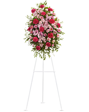 Arreglo funerario Tributo Rosa de Doral Roses Miami con flores blancas y rosas, símbolo de pureza y condolencias.