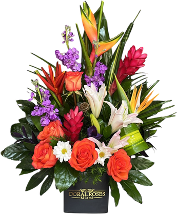 Arreglo tropical de flores exóticas de Doral Roses Miami con flores coloridas y hojas verdes, ideal para entrega hoy en Doral y Miami.