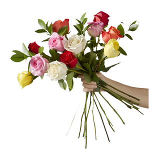 Compra bouquet de 12 rosas mixtas frescas en Miami con entrega el mismo día. Ramo sin florero perfecto para expresar comprensión y amor. Disponible ahora en Doral.