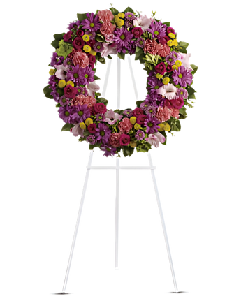 Corona funeraria Anillado por el Amor en Doral Miami. Flores pastel para condolencias, consuelo y esperanza. Entrega el mismo día en Doral Florida. ☎ 305-593-8196