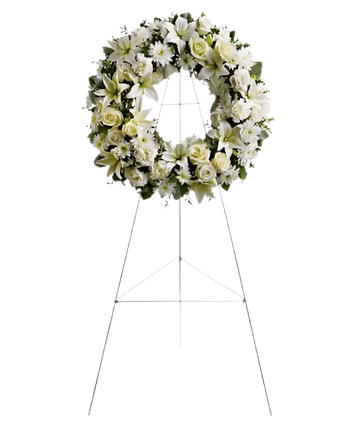 Corona funeraria Serenidad de Doral Roses Miami con flores blancas para condolencias y paz, entrega hoy en Doral.