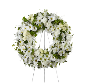 Corona funeraria de flores blancas de Doral Roses Miami para condolencias y apoyo unificado, entrega hoy en Doral.