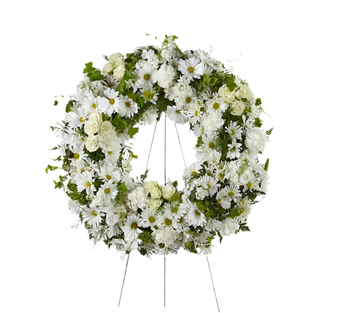 Corona funeraria de flores blancas de Doral Roses Miami para condolencias y apoyo unificado, entrega hoy en Doral.