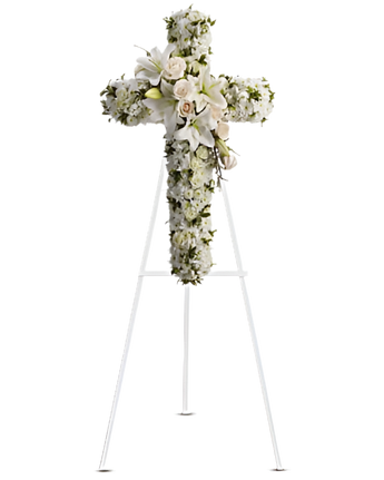 Cruza funeraria con flores de esperanza y salvación, decorada por Doral Roses Miami, para condolencias y entrega rápida hoy.