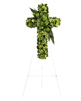 Cruz funeraria con flores en tonos blancos y verdes, homenaje y condolencias, creada por Doral Roses Miami.