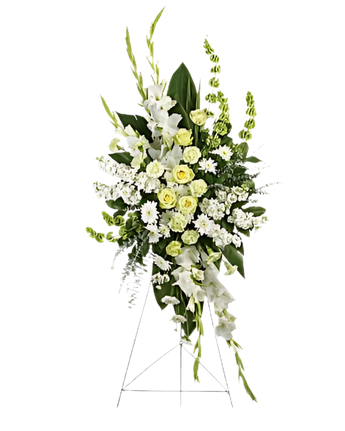 Arreglo funerario Vida Magnífica Fraternidad Miami con flores blancas y verdes, de Doral Roses Miami, para entrega hoy en Doral.
