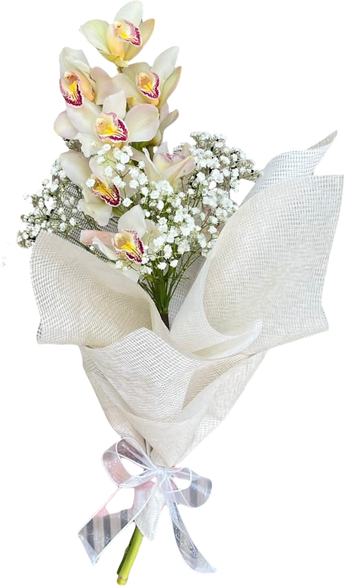 Orquídea en bouquet para regalo de Doral Roses Miami, con flores elegantes y verdes en un arreglo floral para ocasiones especiales.