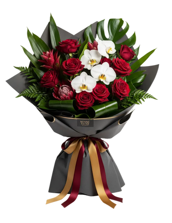 Arreglo floral de lujo de Doral Roses Miami, con flores exclusivas y elegantes en un arreglo original y sofisticado.