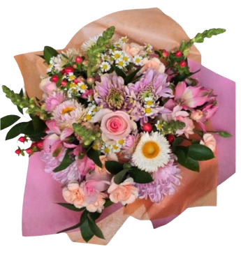 Hermoso ramo de flores frescas en tonos rosados y lilas, ideal para Día de las Madres, cumpleaños y celebraciones. Arreglo floral premium con entrega en Miami.