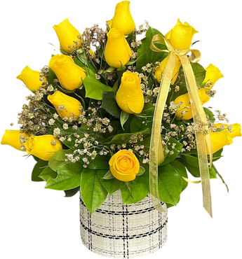 Caja de rosas amarillas premium Doral Roses Miami, arreglo elegante con rosas frescas, entrega rápida en Miami.