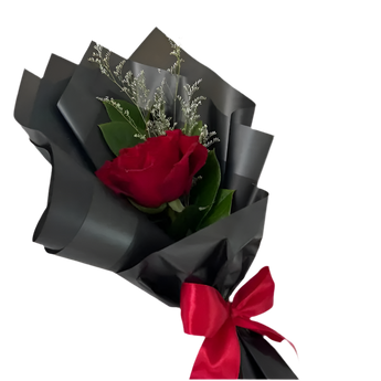 Rosa sencilla de Doral Roses Miami, envuelta en papel elegante, lista para entrega en Doral, Florida.