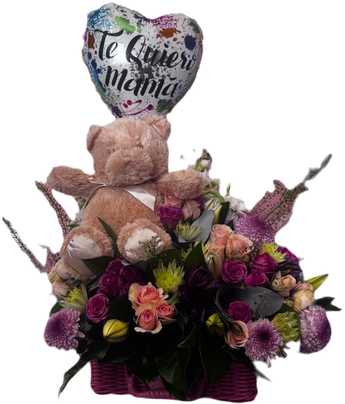 Cesta de rosas rojas con peluche y globo para mamá, de Doral Roses Miami, ideal para el Día de la Madre, entrega hoy.