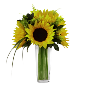 Ramo de flores con girasoles frescos, Bouquet Brillo de Ensueño de Doral Roses Miami, flores naturales en la imagen.