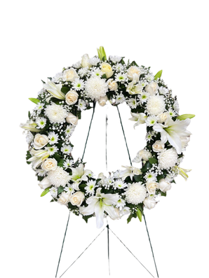 Arreglo funerario Sentimientos de Serenidad de flores Doral Roses Miami, con flores blancas y verdes para condolencias y paz.