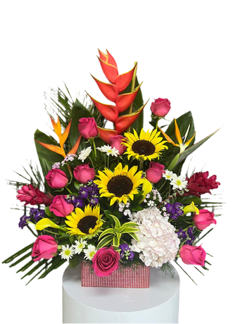Ramo de flores frescas coloridas de Doral Roses Miami, con flores exóticas y vibrantes en un arreglo exuberante.